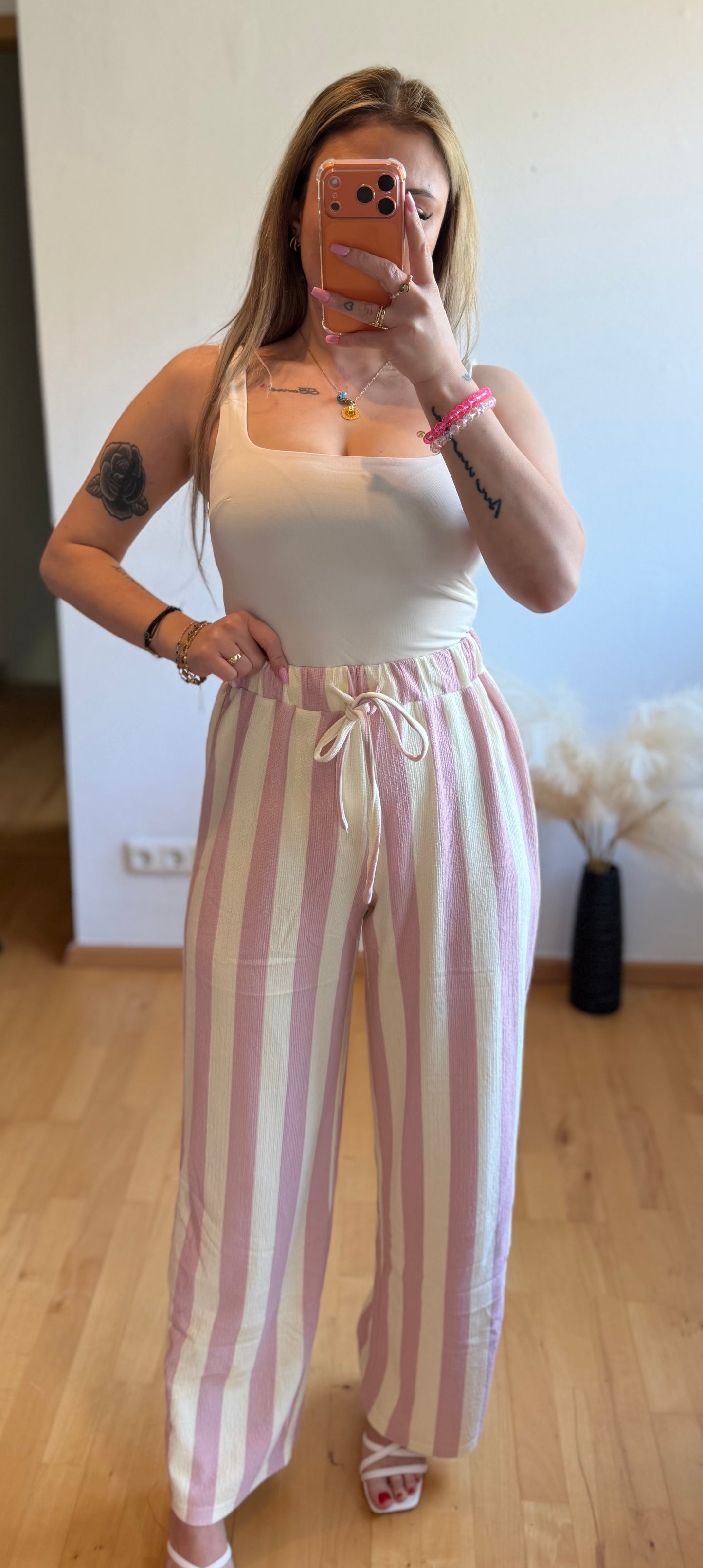 Streifenhose beige/rosa