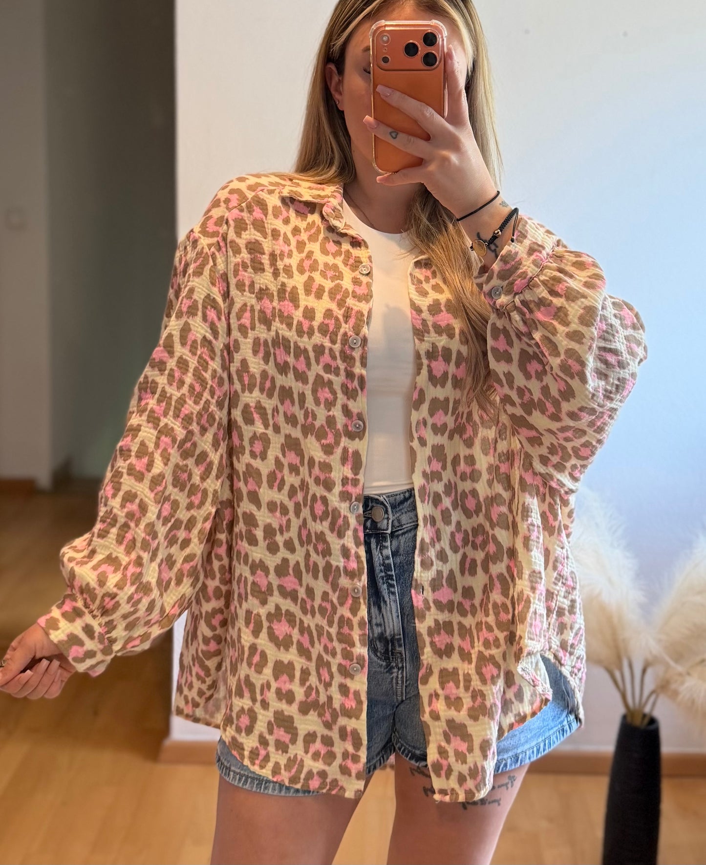 Musselin Hemd Beige Rosa